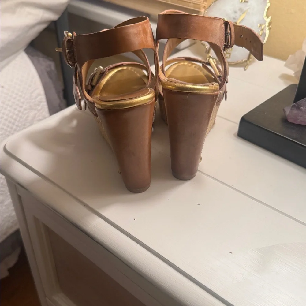 Audrey Brooke Brown Tan Leather Crisscross Wedge Sandals with Gold Insole
